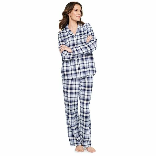 Women's Croft & Barrow® Flannel Long Sleeve Pajama Shirt & Pajama Pants Set Red Navy Plaid - Image 8