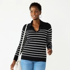 Women's Croft & Barrow® Long Sleeve Polo Sweater Gray Stripe