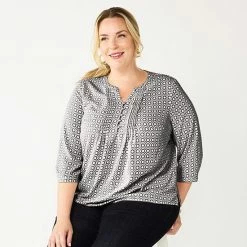 Plus Size Croft & Barrow® Splitneck Pintuck Blouse Brown Floral
