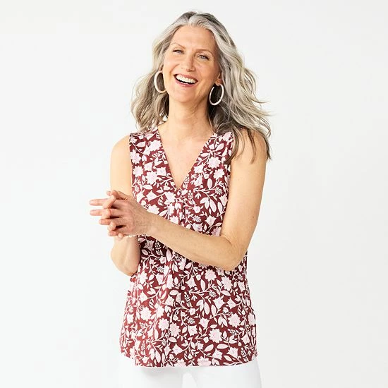 Women's Croft & Barrow® Pleated V-Neck Tank Black Lilly Leaves