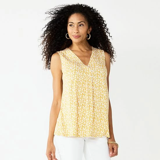 Women's Croft & Barrow® Pleated V-Neck Tank Black Lilly Leaves - Image 4