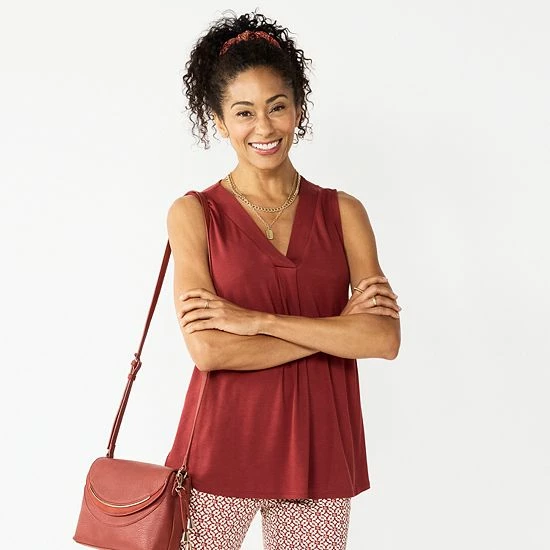 Women's Croft & Barrow® Pleated V-Neck Tank Black Lilly Leaves - Image 5