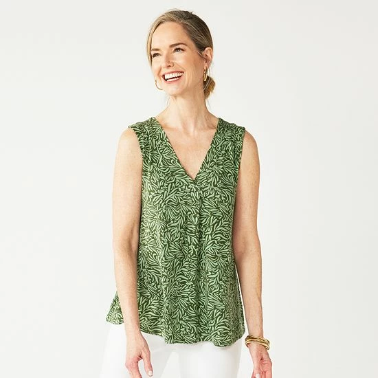 Women's Croft & Barrow® Pleated V-Neck Tank Black Lilly Leaves - Image 6