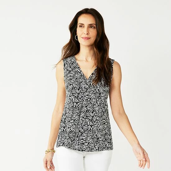 Women's Croft & Barrow® Pleated V-Neck Tank Black Lilly Leaves - Image 7
