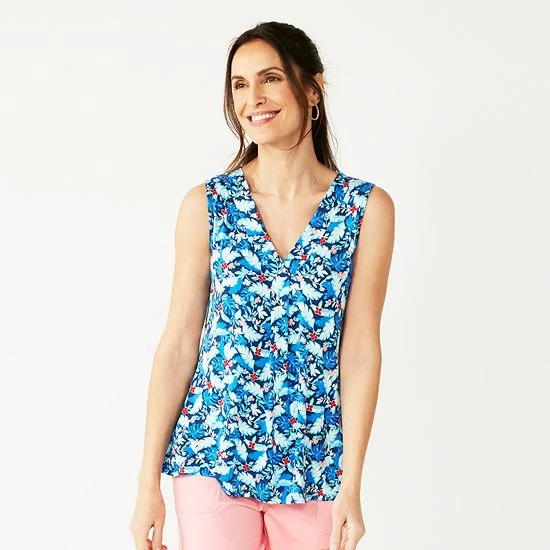 Women's Croft & Barrow® Pleated V-Neck Tank Black Lilly Leaves - Image 10