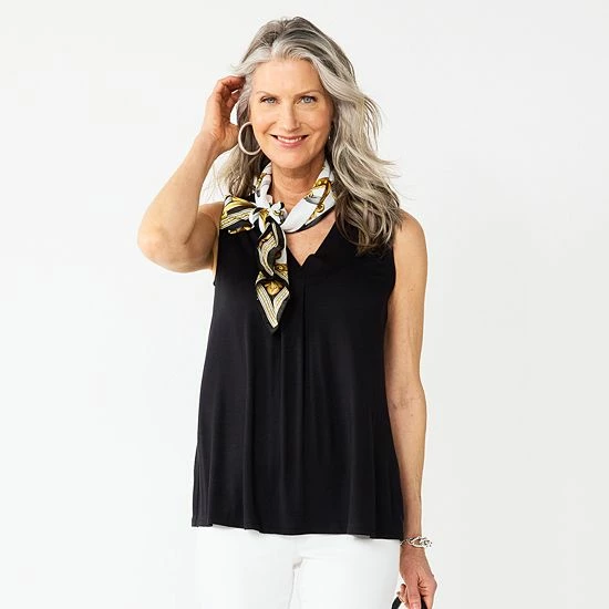 Women's Croft & Barrow® Pleated V-Neck Tank Black Lilly Leaves - Image 11