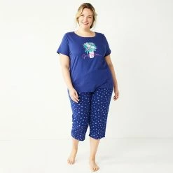 Plus Size Croft & Barrow® Short Sleeve Pajama Top & Cropped Pajama Pants Sleep Set White Garden