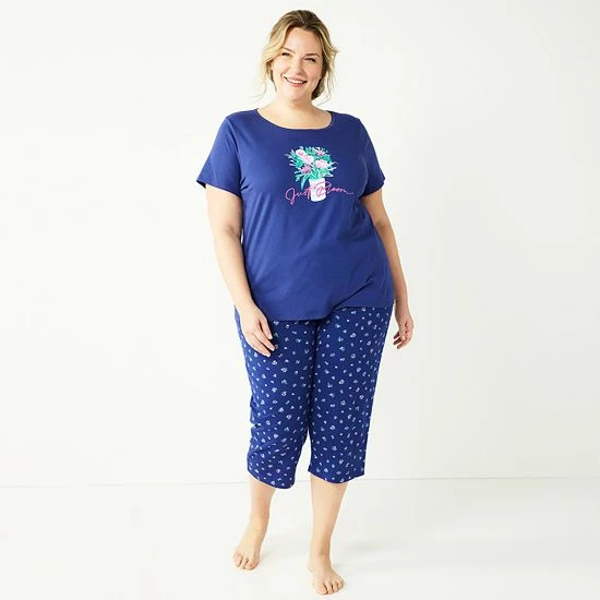 Plus Size Croft & Barrow® Short Sleeve Pajama Top & Cropped Pajama Pants Sleep Set White Garden