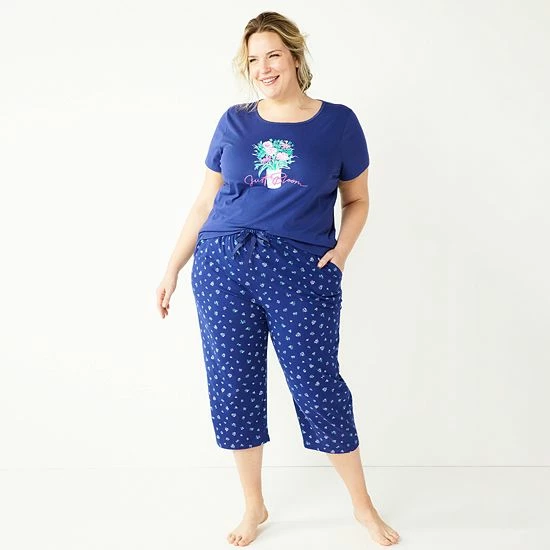 Plus Size Croft & Barrow® Short Sleeve Pajama Top & Cropped Pajama Pants Sleep Set White Garden - Image 3