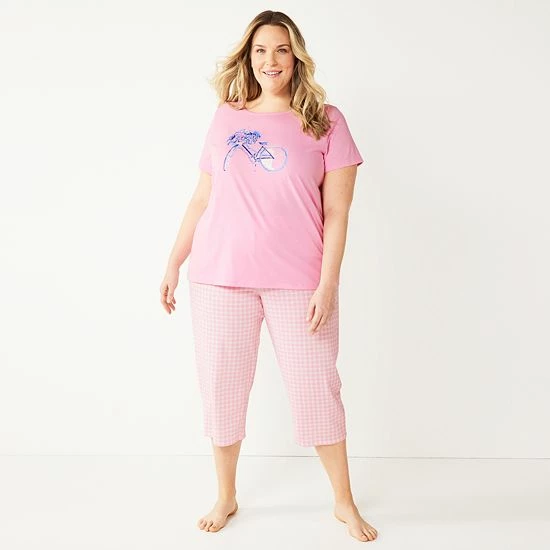 Plus Size Croft & Barrow® Short Sleeve Pajama Top & Cropped Pajama Pants Sleep Set White Garden - Image 5