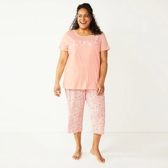 Plus Size Croft & Barrow® Short Sleeve Pajama Top & Cropped Pajama Pants Sleep Set White Garden - Image 6