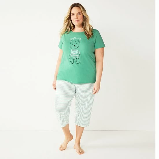 Plus Size Croft & Barrow® Short Sleeve Pajama Top & Cropped Pajama Pants Sleep Set White Garden - Image 9