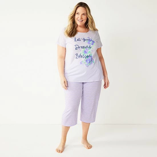 Plus Size Croft & Barrow® Short Sleeve Pajama Top & Cropped Pajama Pants Sleep Set White Garden - Image 10