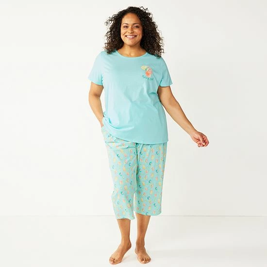 Plus Size Croft & Barrow® Short Sleeve Pajama Top & Cropped Pajama Pants Sleep Set White Garden - Image 12