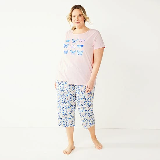 Plus Size Croft & Barrow® Short Sleeve Pajama Top & Cropped Pajama Pants Sleep Set White Garden - Image 14