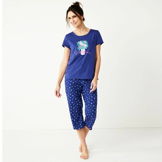 Women's Croft & Barrow® Short Sleeve Pajama Top & Cropped Pajama Pants Sleep Set Aqua Suns