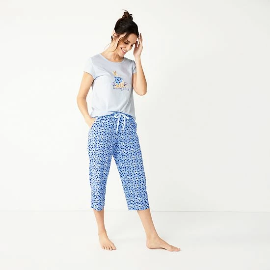 Women's Croft & Barrow® Short Sleeve Pajama Top & Cropped Pajama Pants Sleep Set Aqua Suns - Image 3