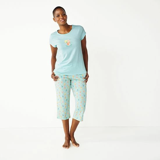 Women's Croft & Barrow® Short Sleeve Pajama Top & Cropped Pajama Pants Sleep Set Aqua Suns - Image 6