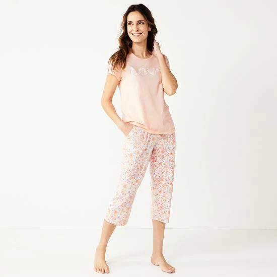 Women's Croft & Barrow® Short Sleeve Pajama Top & Cropped Pajama Pants Sleep Set Aqua Suns - Image 7