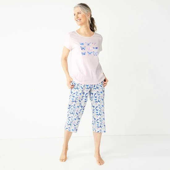 Women's Croft & Barrow® Short Sleeve Pajama Top & Cropped Pajama Pants Sleep Set Aqua Suns - Image 9