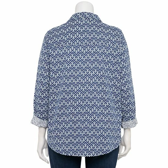 Plus Size Croft & Barrow® Roll-Tab Sleeve Top Navy Leaf Tile - Image 2