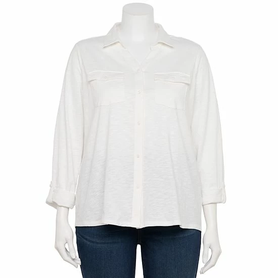 Plus Size Croft & Barrow® Roll-Tab Sleeve Top Navy Leaf Tile - Image 3