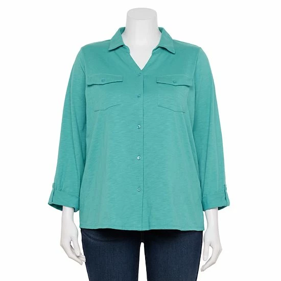 Plus Size Croft & Barrow® Roll-Tab Sleeve Top Navy Leaf Tile - Image 4