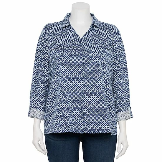 Plus Size Croft & Barrow® Roll-Tab Sleeve Top Navy Leaf Tile - Image 6