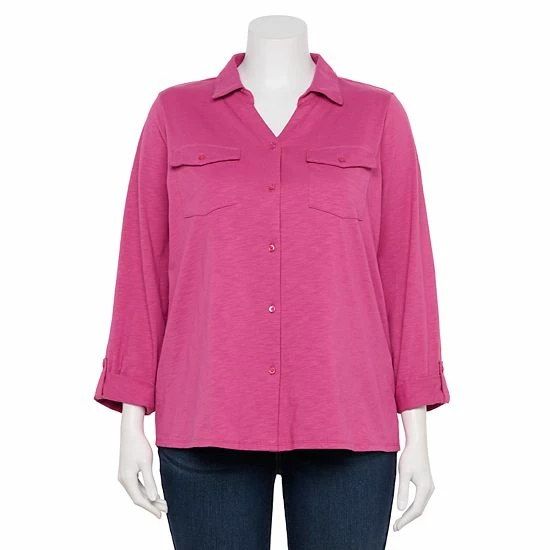 Plus Size Croft & Barrow® Roll-Tab Sleeve Top Navy Leaf Tile - Image 7