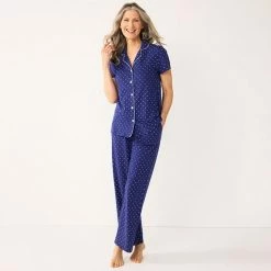 Women's Croft & Barrow® Short Sleeve Pajama Shirt & Pajama Pants Sleep Set Navy Dots