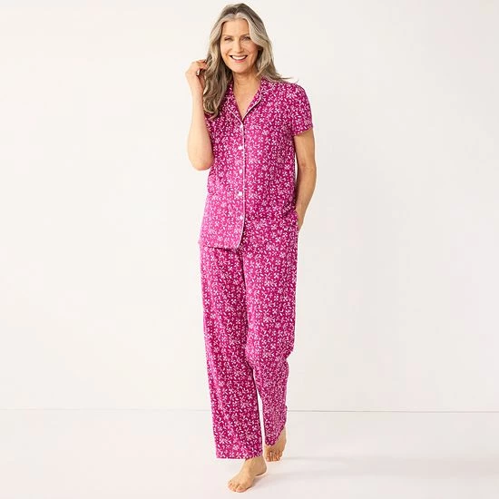 Women's Croft & Barrow® Short Sleeve Pajama Shirt & Pajama Pants Sleep Set Navy Dots - Image 5