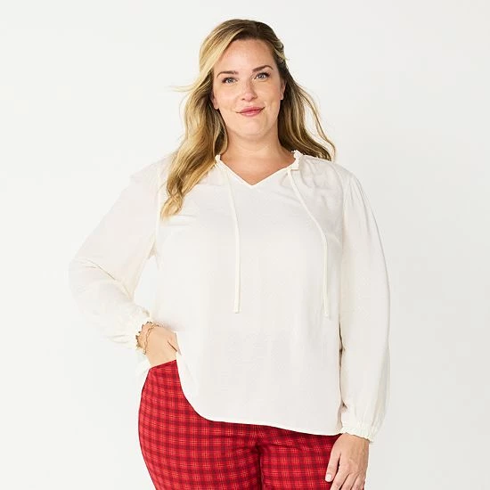 Plus Size Croft & Barrow® Tiered Textured Blouse Egret - Image 3