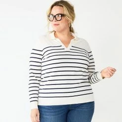 Plus Size Croft & Barrow® Long Sleeve Polo Sweater Gray Stripe
