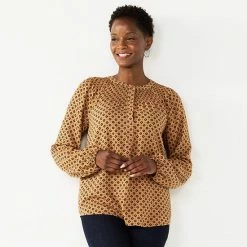 Petite Croft & Barrow® Print Smocked Peasant Top Pink Floral