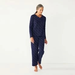 Women's Croft & Barrow® Textured Knit Henley Long Sleeve Pajama Top & Pajama Pants Sleep Set Navy Solid