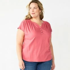 Plus Size Croft & Barrow® Short Sleeve Utility Henley Top Watermelon