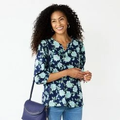 Petite Croft & Barrow® Print Splitneck Top Navy Teal Floral