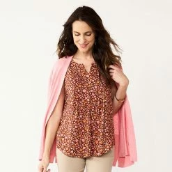 Women's Croft & Barrow® Pintuck Splitneck Sleeveless Top Navy Tile Print