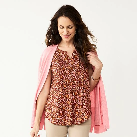 Women's Croft & Barrow® Pintuck Splitneck Sleeveless Top Navy Tile Print