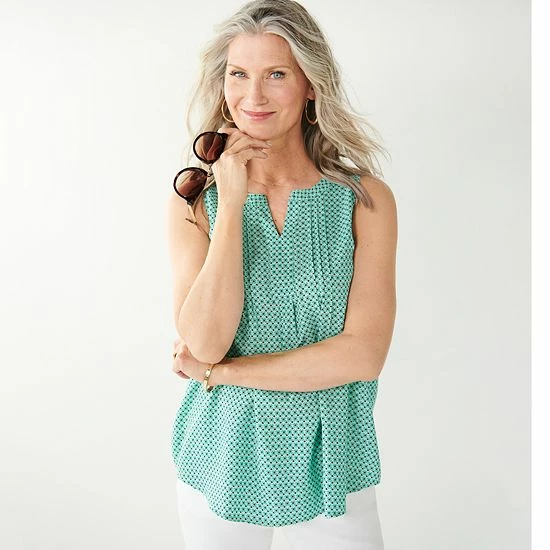 Women's Croft & Barrow® Pintuck Splitneck Sleeveless Top Navy Tile Print - Image 5