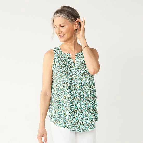 Women's Croft & Barrow® Pintuck Splitneck Sleeveless Top Navy Tile Print - Image 7