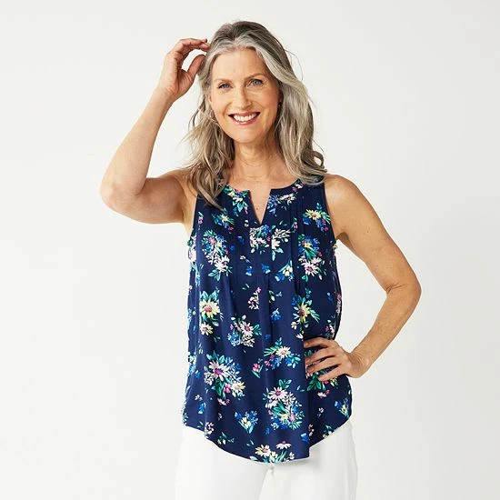 Women's Croft & Barrow® Pintuck Splitneck Sleeveless Top Navy Tile Print - Image 9