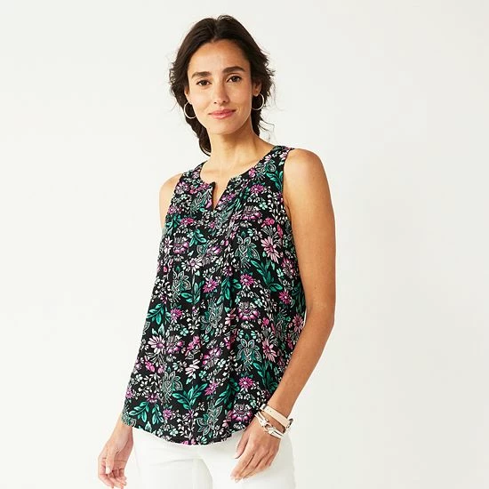 Women's Croft & Barrow® Pintuck Splitneck Sleeveless Top Navy Tile Print - Image 12