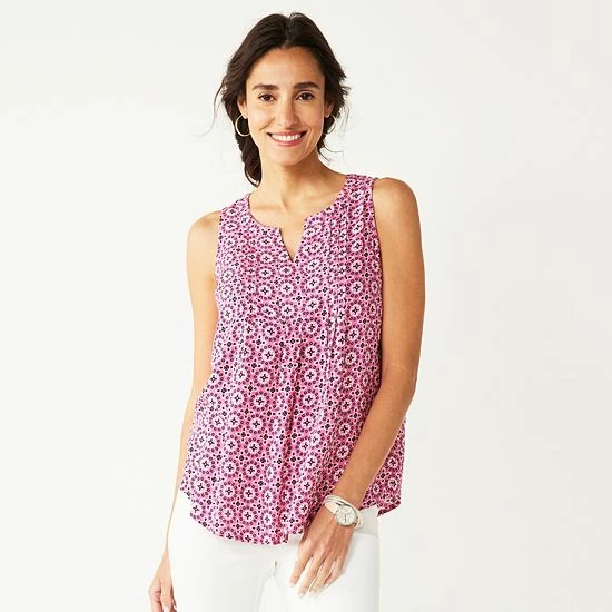 Women's Croft & Barrow® Pintuck Splitneck Sleeveless Top Navy Tile Print - Image 15