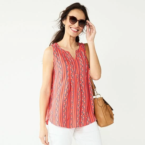 Women's Croft & Barrow® Pintuck Splitneck Sleeveless Top Navy Tile Print - Image 17