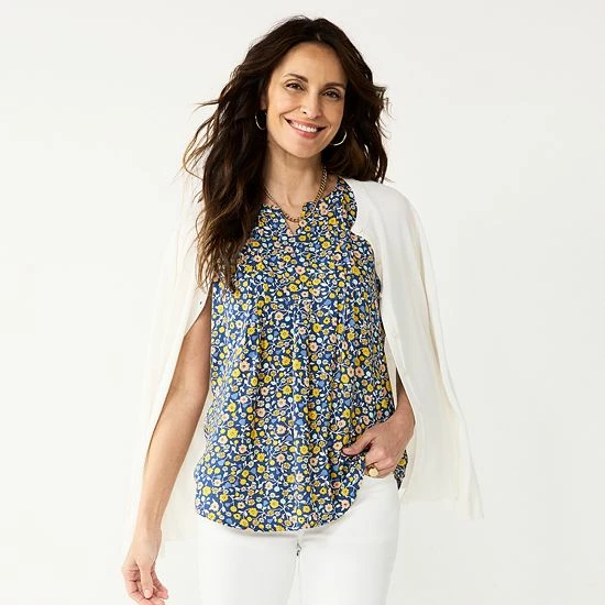 Women's Croft & Barrow® Pintuck Splitneck Sleeveless Top Navy Tile Print - Image 18