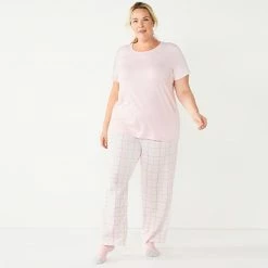 Plus Size Croft & Barrow® Short Sleeve Pajama Top & Pajama Pants Sleep Set Burgundy Navy Checks