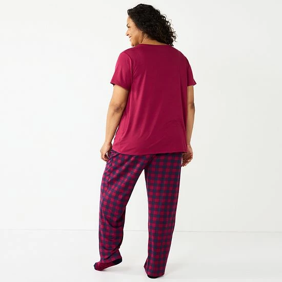 Plus Size Croft & Barrow® Short Sleeve Pajama Top & Pajama Pants Sleep Set Burgundy Navy Checks - Image 2