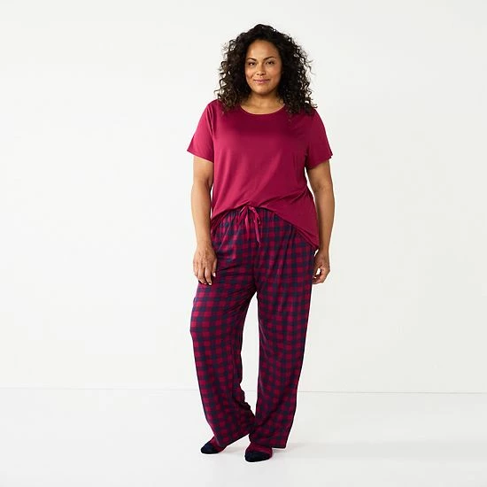 Plus Size Croft & Barrow® Short Sleeve Pajama Top & Pajama Pants Sleep Set Burgundy Navy Checks - Image 3
