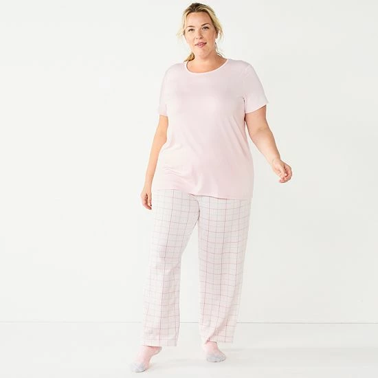 Plus Size Croft & Barrow® Short Sleeve Pajama Top & Pajama Pants Sleep Set Burgundy Navy Checks - Image 6